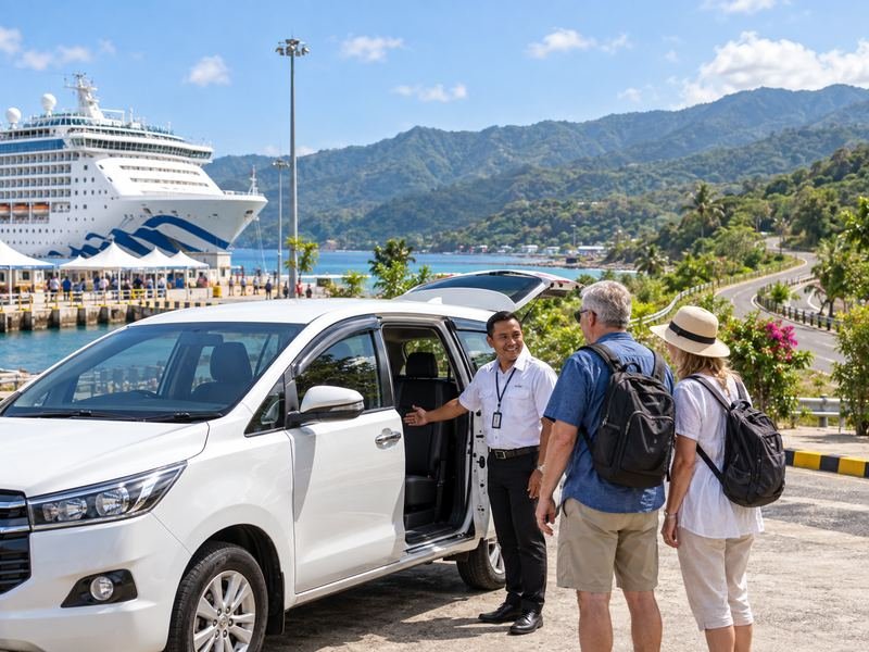 Cruise guests starting a monkey forest Pusuk shore excursion from Lombok port
