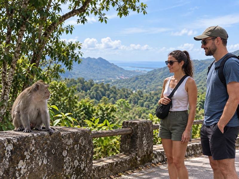 Cruise guests watching macaques safely at Pusuk forest viewpoint