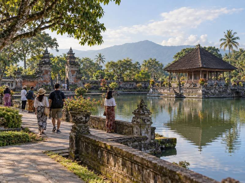 Visitors exploring the historic water garden at Mayura Lombok