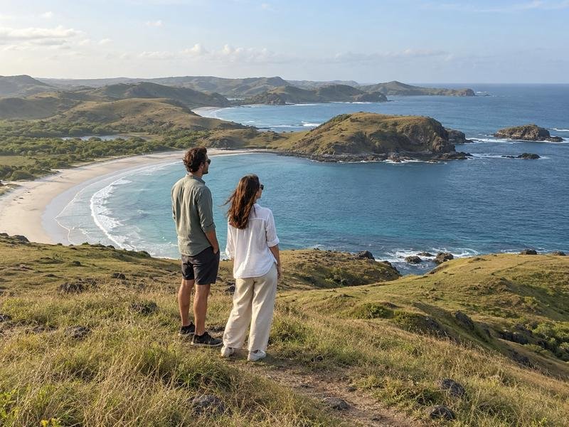 Couple enjoying coastal views from the grassy slopes of Merese Hill