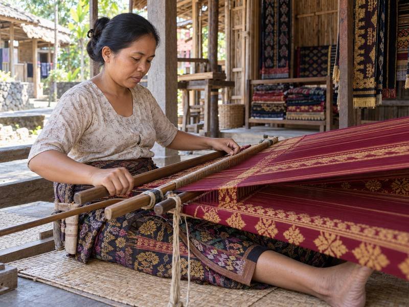 Local weaver working at a traditional loom in Sukarara village