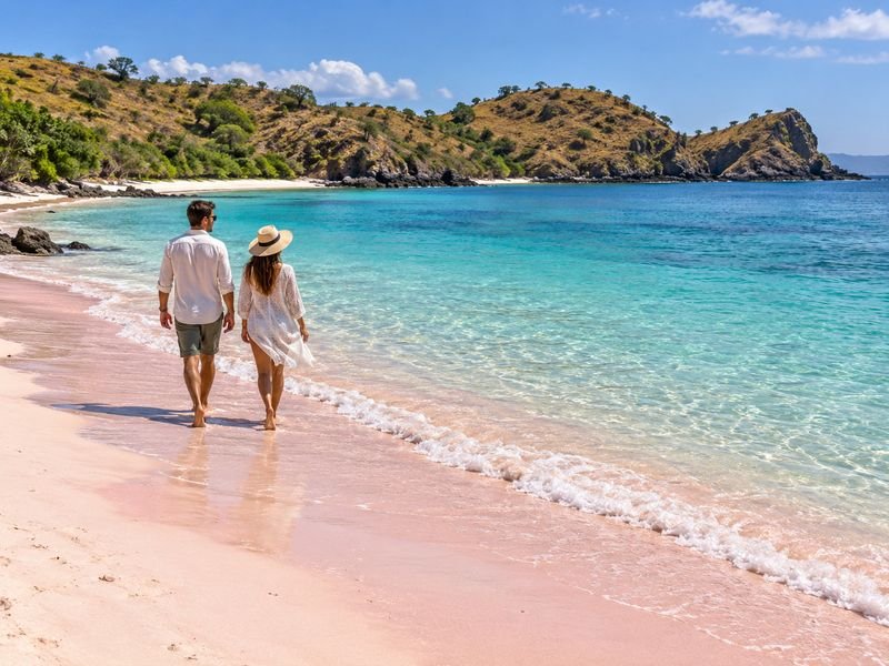 Soft pink tinted sand and coastal scenery at Tangsi Beach in East Lombok