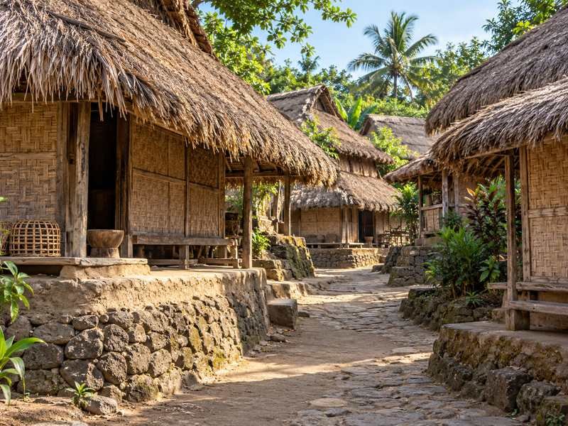 Traditional Sasak houses and village paths in Sade