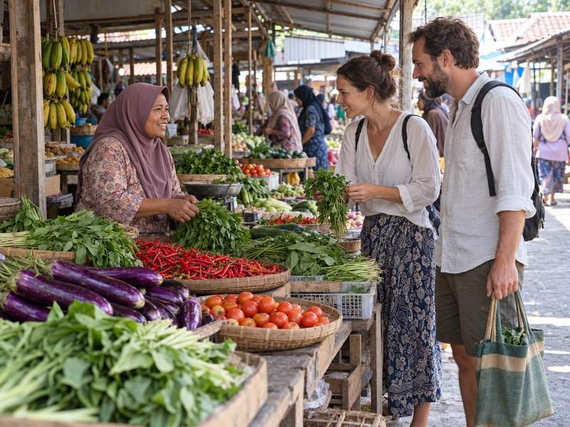 Visitors exploring fresh produce stalls at a local Lombok market