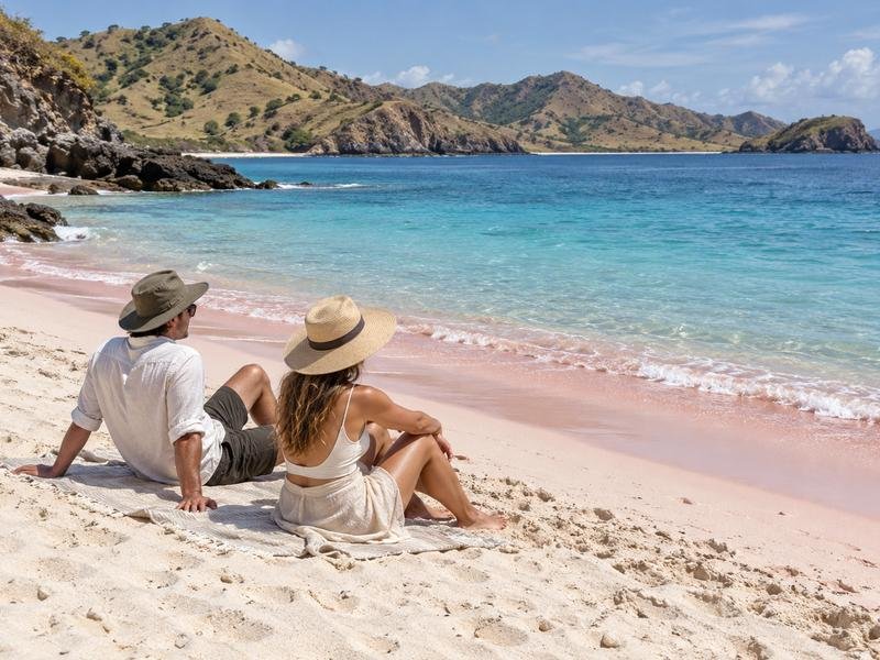 Visitors relaxing beside the water at Pink Beach Lombok